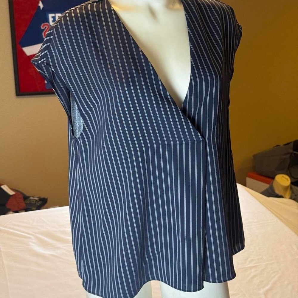 Rachel Roy Navy pinstripe blouse capsule wardrobe piece